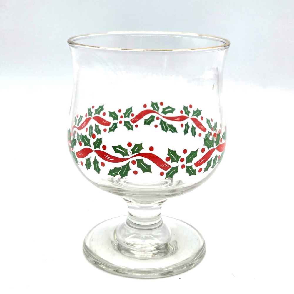 Libbey Holly Berry & Ribbon Christmas Dessert Glass Gold Rim 9 oz.‎